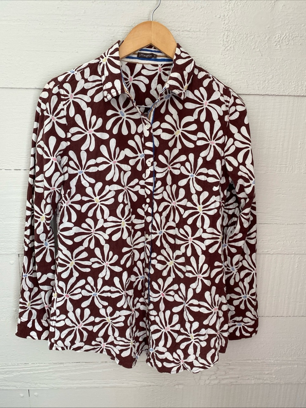 J. MCLAUGHLIN Women's S Cotton Brown/White Mod Flower LS Button-Up Top Blouse
